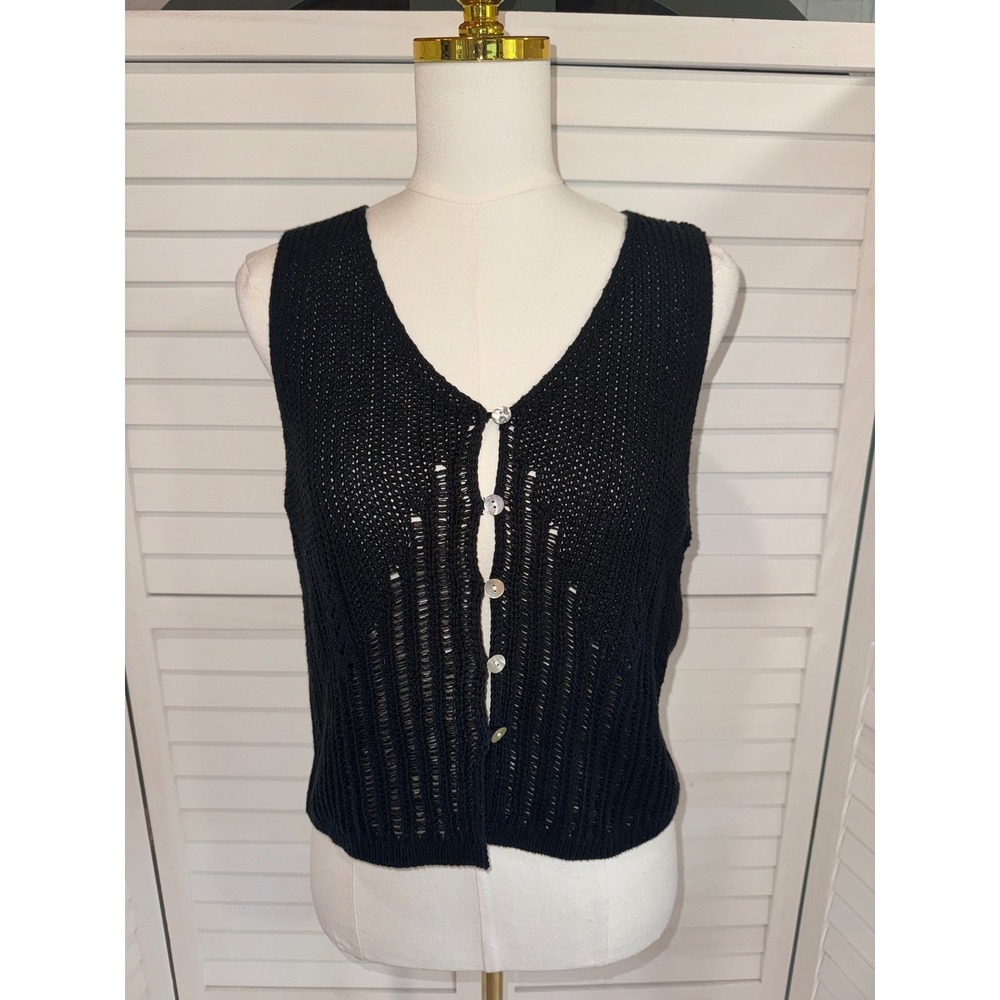 Very J Crochet Knit Vest Women Black Pointelle Button Front Boho Small - Picture 2 of 6